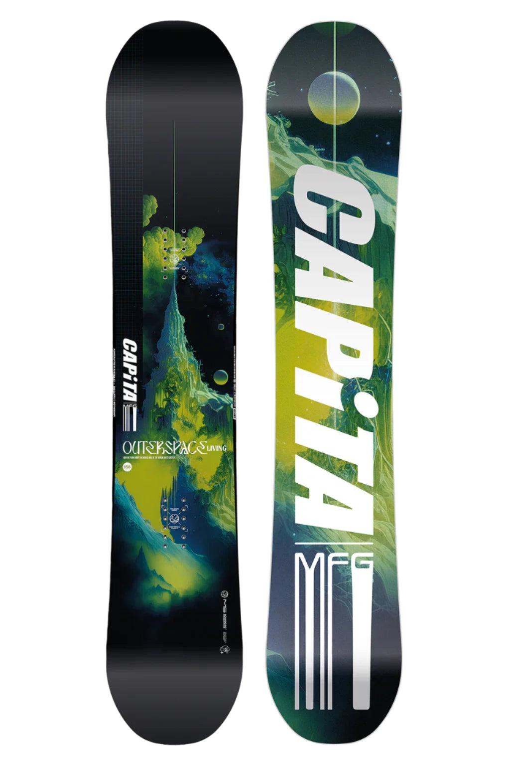 CAPiTA Outerspace Living Snowboard 2025 - A snowboard with a green and blue abstract design featuring a mountain peak, set against a black background.