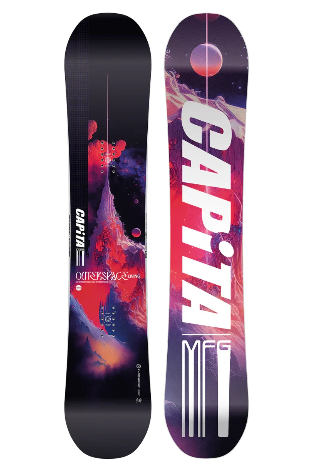 CAPiTA Outerspace Living Snowboard 2025 - A snowboard with a red and purple abstract design featuring a mountain range, planets, and stars.