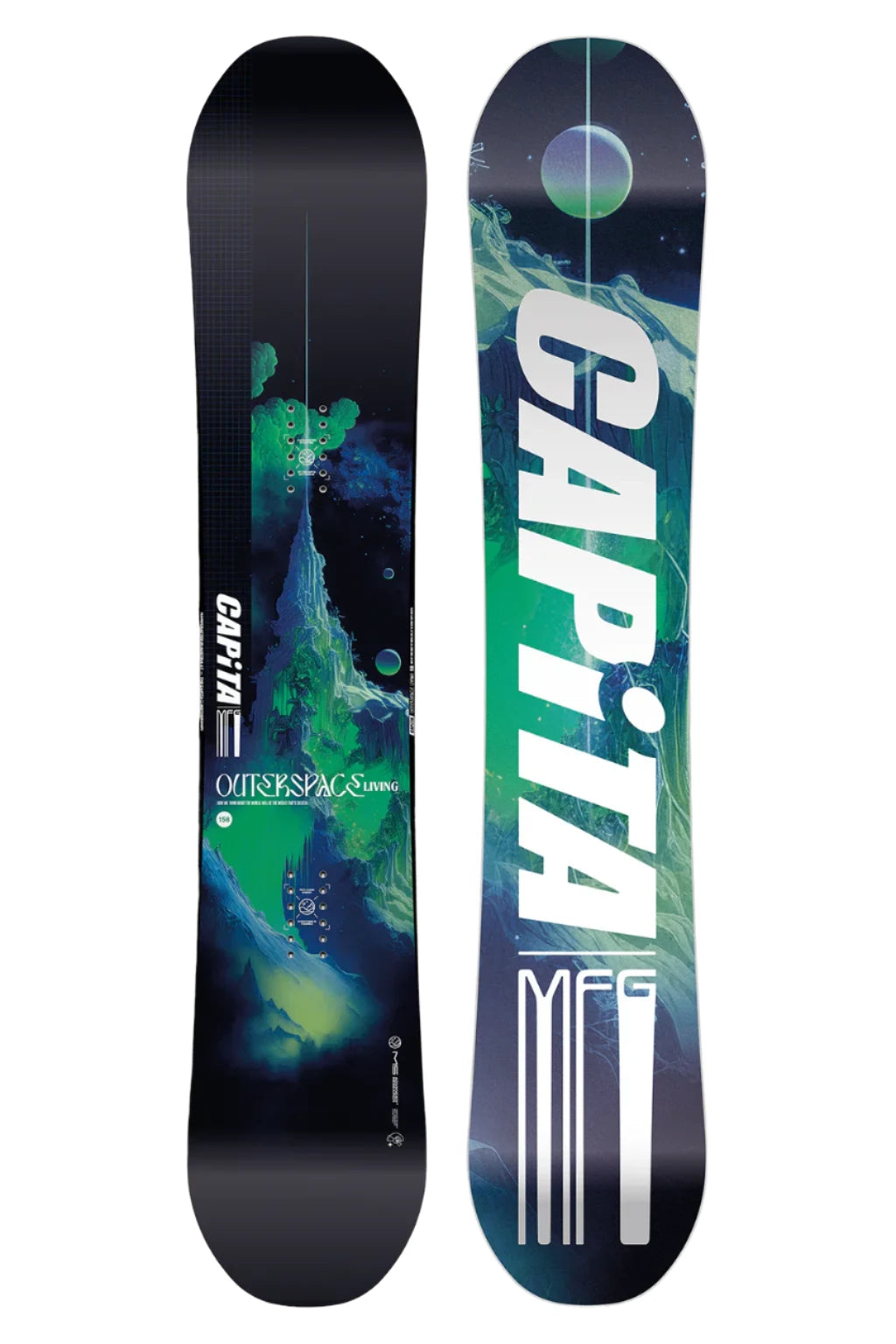 CAPiTA Outerspace Living Snowboard 2025 - A snowboard with a green and blue abstract design featuring a mountain range, set against a black background.