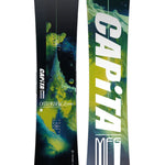 CAPiTA Outerspace Living Snowboard 2025 - A snowboard with a green and blue abstract design featuring a mountain peak, planets, and stars.