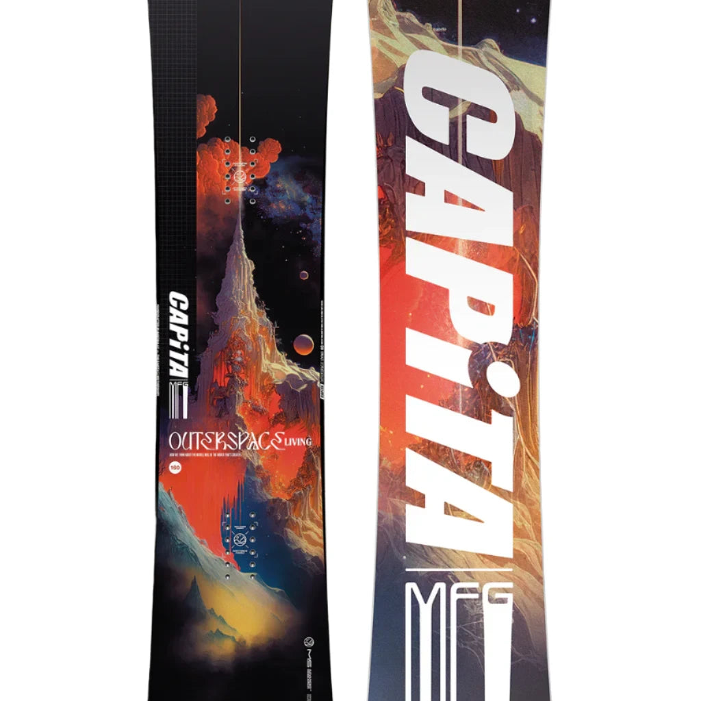 CAPiTA Outerspace Living Snowboard 2025 - A snowboard with a black background and an orange, red, and blue abstract design featuring planets and mountains.
