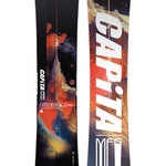CAPiTA Outerspace Living Snowboard 2025 - A snowboard with a black background and an orange, red, and blue abstract design featuring planets and mountains.