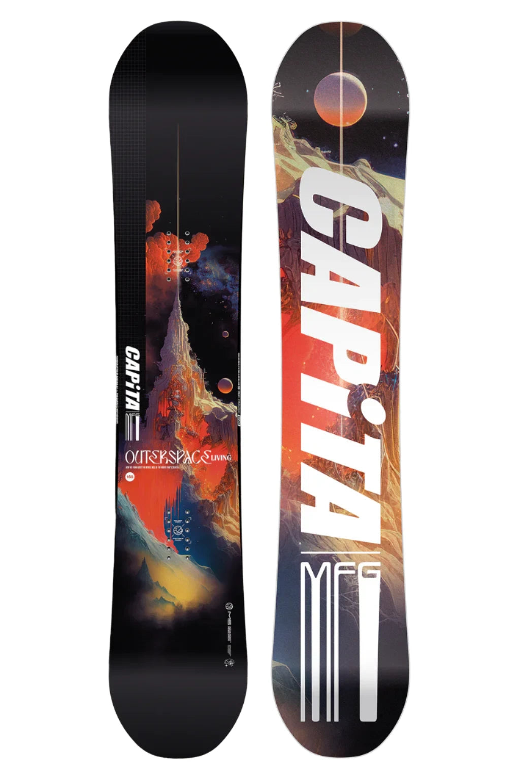 CAPiTA Outerspace Living Snowboard 2025 - A snowboard with a black background and an orange, red, and blue abstract design featuring planets and mountains.
