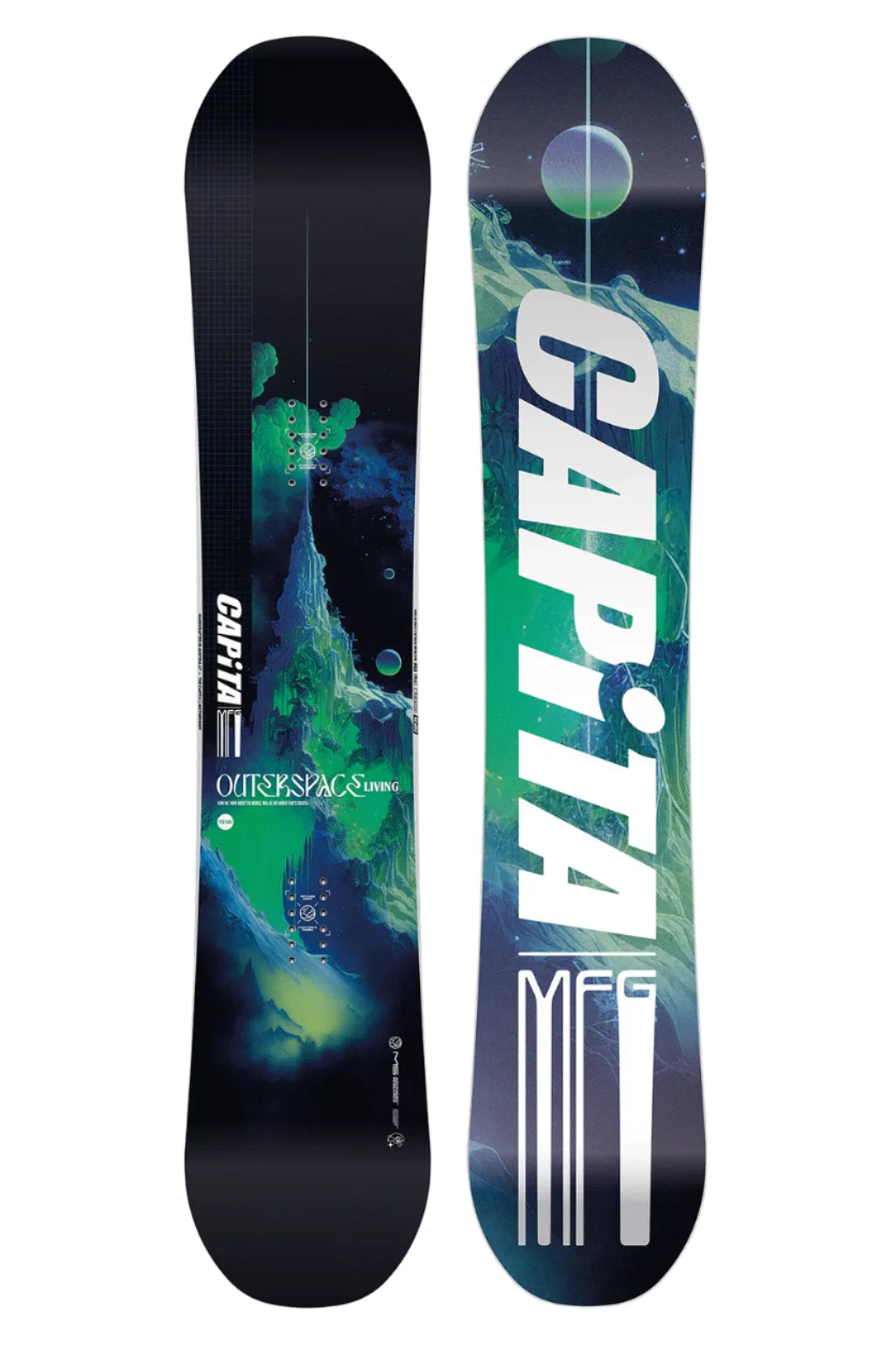 CAPiTA Outerspace Living Snowboard 2025 - A snowboard with a green and blue abstract design featuring a mountain range, set against a black background.