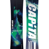CAPiTA Outerspace Living Snowboard 2025 - A snowboard with a green and blue abstract design featuring a mountain range, set against a black background.