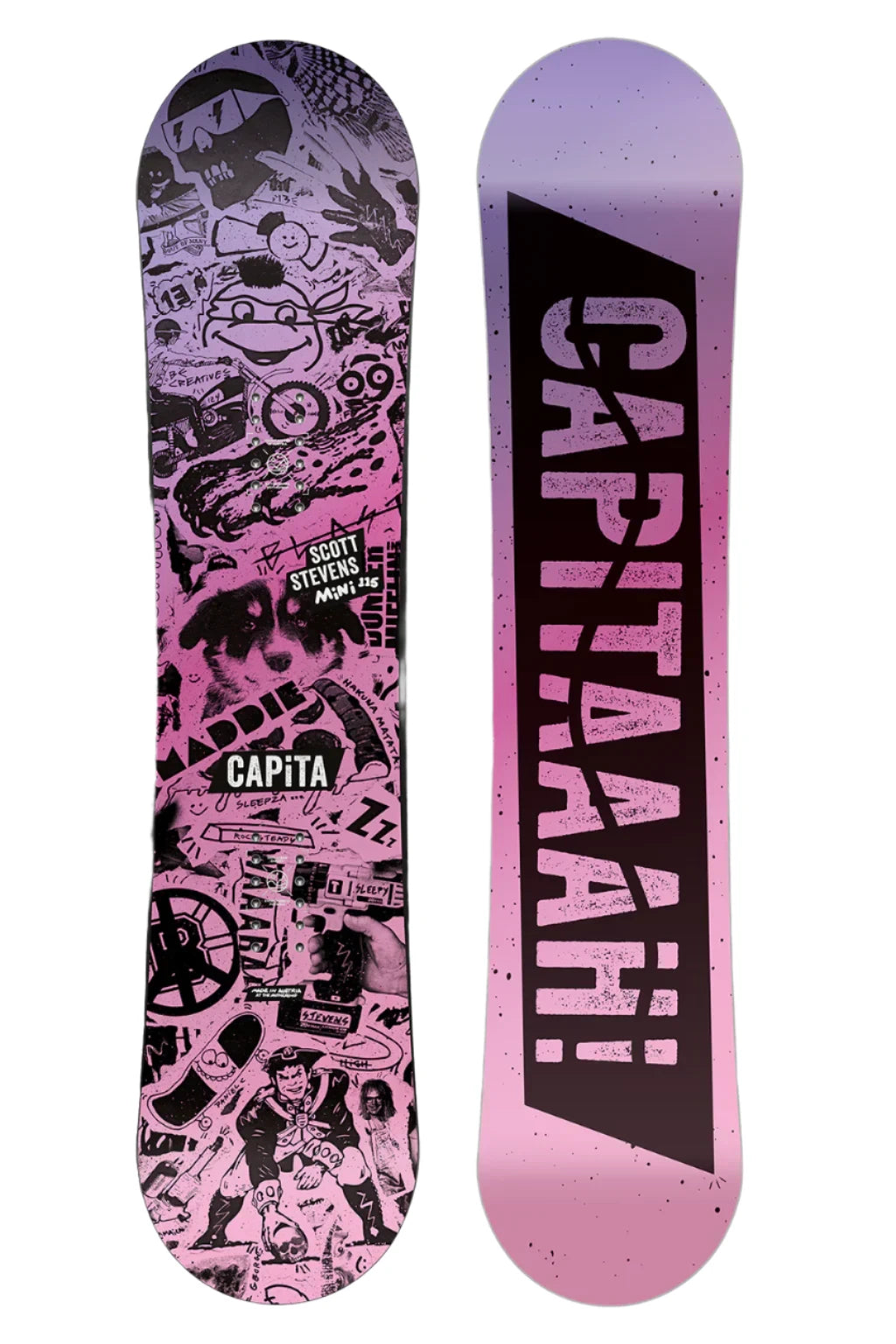 CAPiTA - Junior's Scott Stevens Mini Snowboard 2025 is a pink snowboard with black graphics of various shapes and sizes, including a cartoonish face, a mountain range, and a pair of skis.