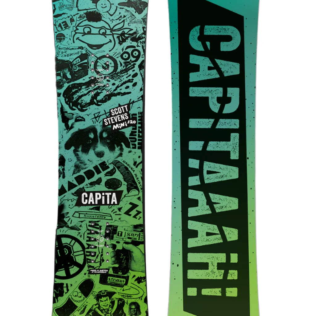 CAPiTA - Junior's Scott Stevens Mini Snowboard 2025 is a green snowboard with black graphics of various shapes and sizes, including what appears to be a cartoon character.