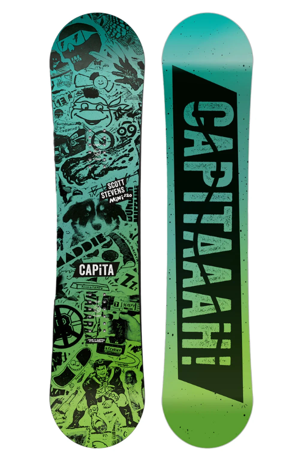 CAPiTA - Junior's Scott Stevens Mini Snowboard 2025 is a green snowboard with black graphics of various shapes and sizes, including what appears to be a cartoon character.
