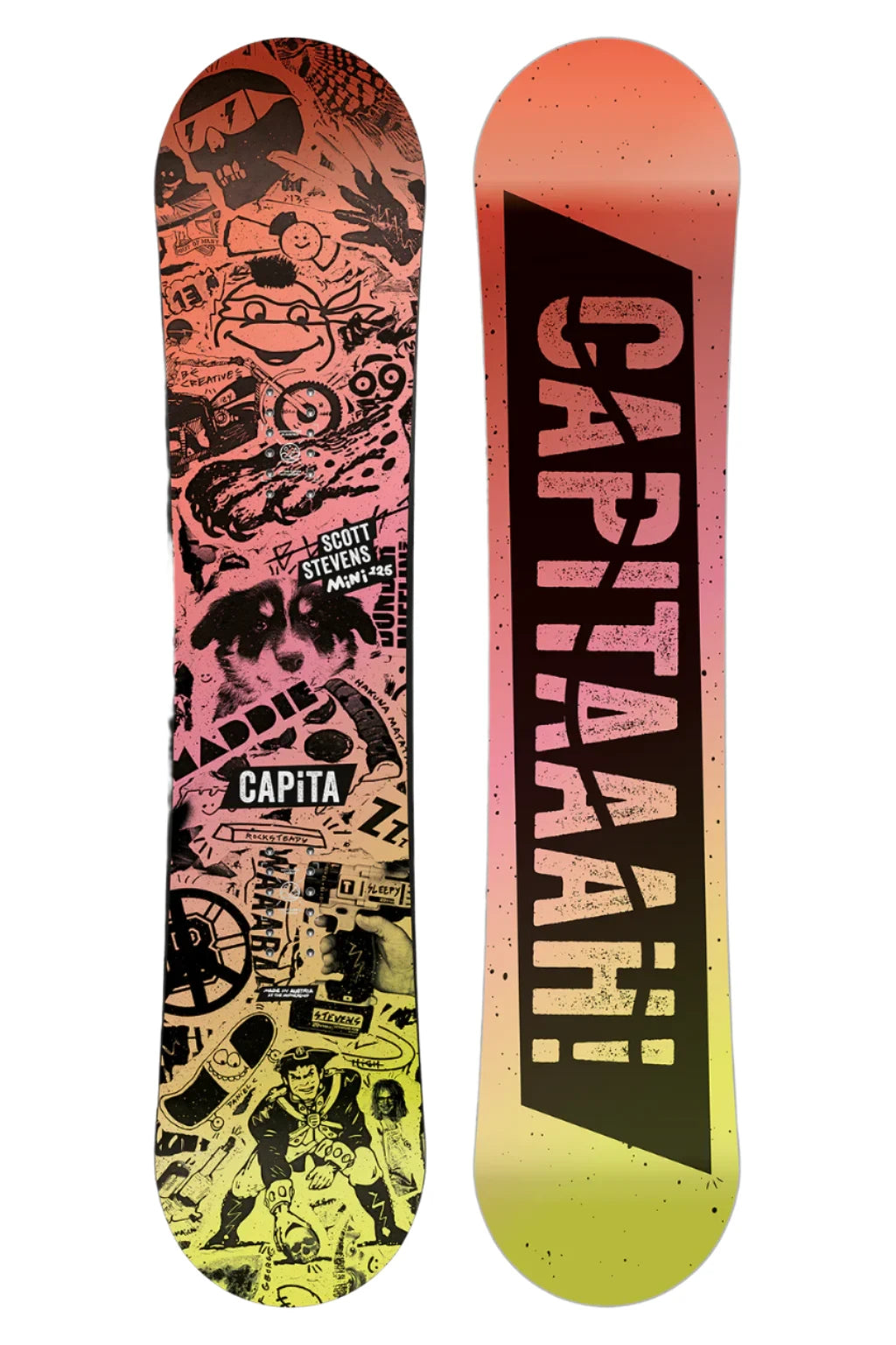 CAPiTA - Junior's Scott Stevens Mini Snowboard 2025 is a snowboard with a pink background and black graphics of various cartoon characters, including a smiling face, a fish, and a dog.
