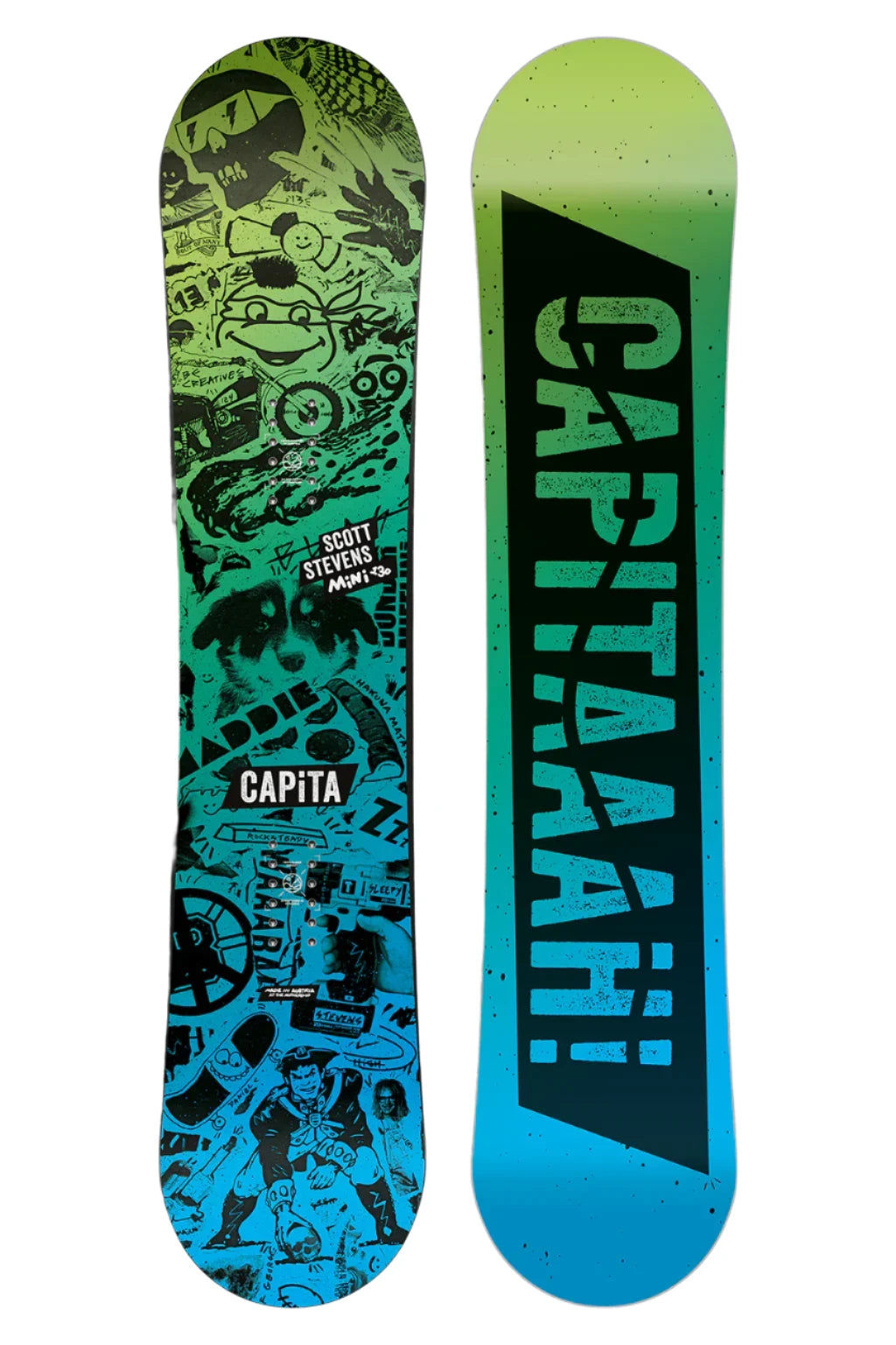 CAPiTA - Junior's Scott Stevens Mini Snowboard 2025 is a green and blue snowboard with black graphics of various shapes, including circles, triangles, and lines.