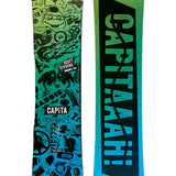 CAPiTA - Junior's Scott Stevens Mini Snowboard 2025 is a green and blue snowboard with black graphics of various shapes, including circles, triangles, and lines.