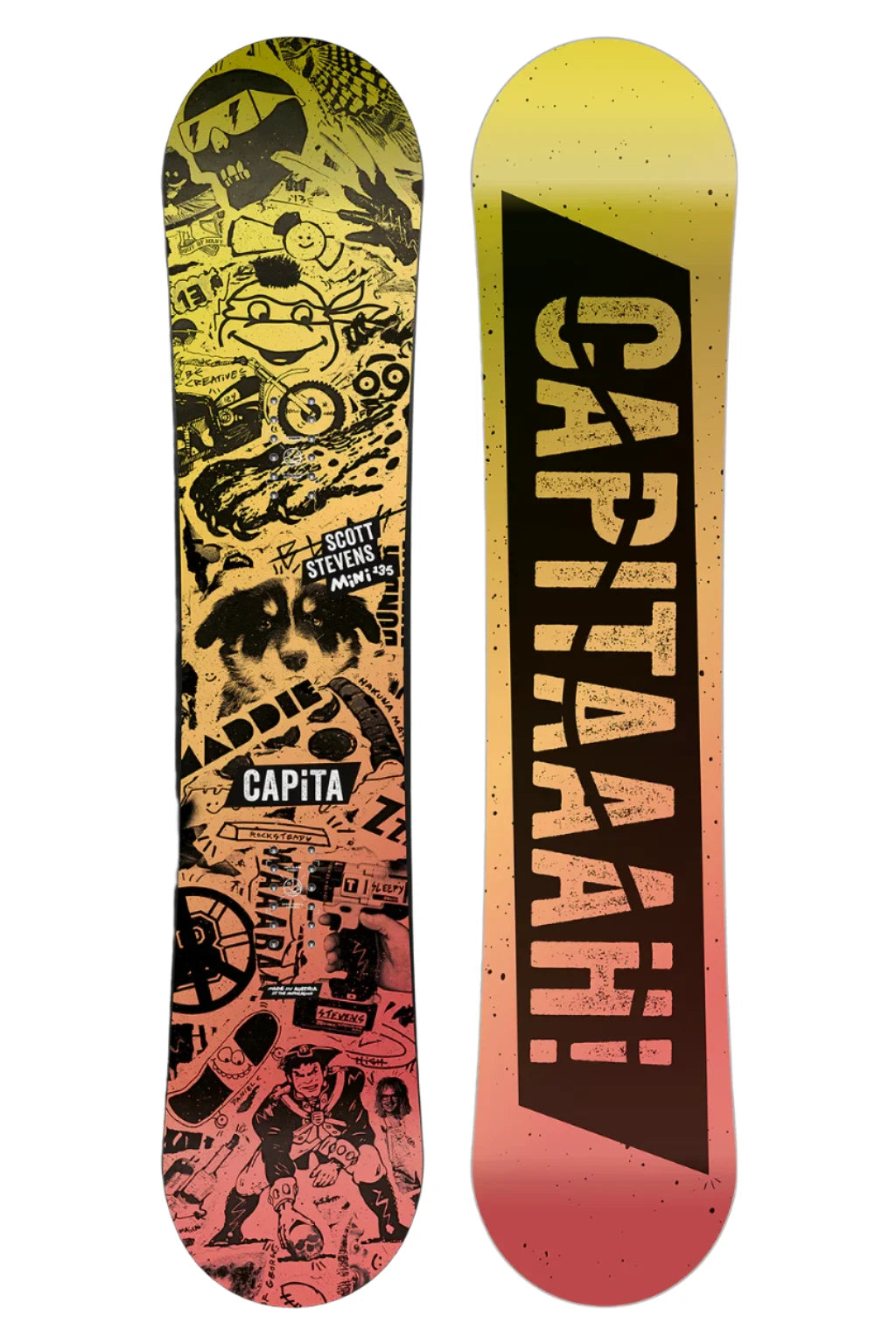 CAPiTA - Junior's Scott Stevens Mini Snowboard 2025 is a snowboard with a yellow background and black graphics of various shapes, including a smiling face, a fish, and a mountain peak.