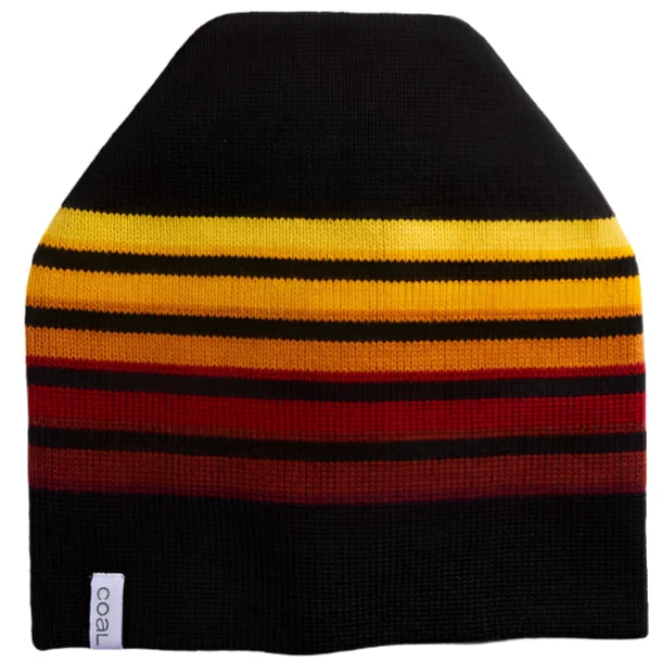 SPEED DEMON TALL BEANIE 2024 - A black beanie with yellow and orange stripes at the top.