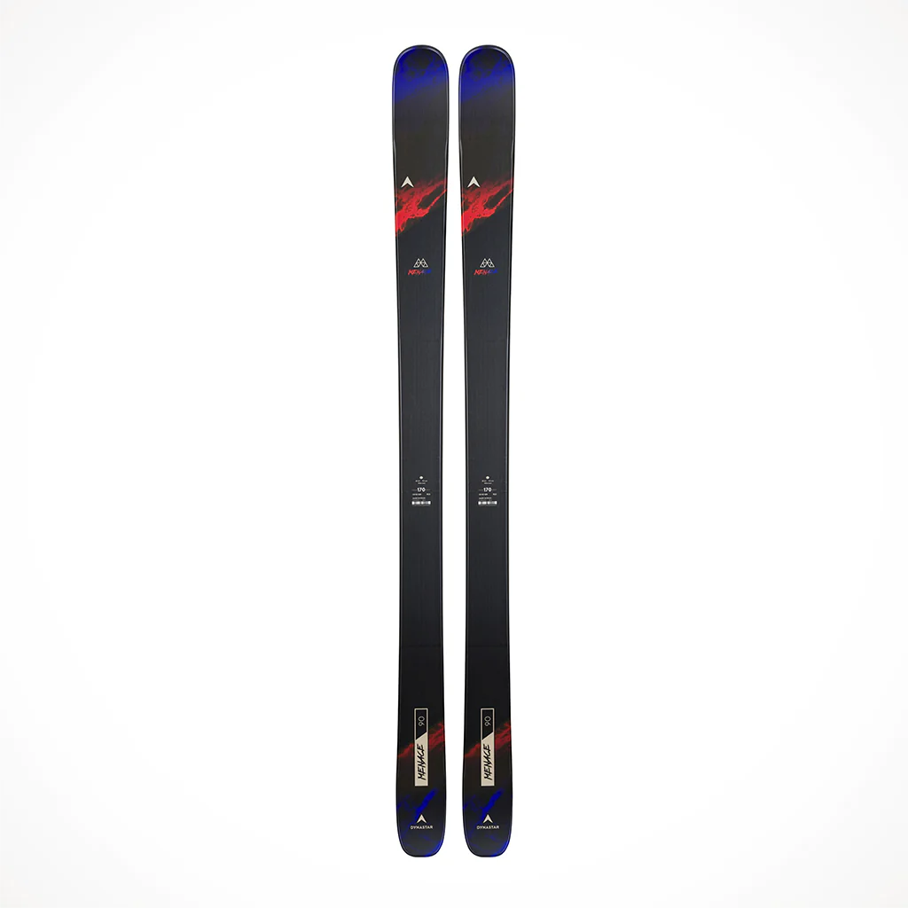 Dynastar Menace 90 Skis 2023 - Black skis with red and white graphics on top, featuring a blue stripe at the tip.