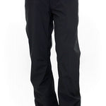 Black shell pants with belt loops, button waist, and zip fly