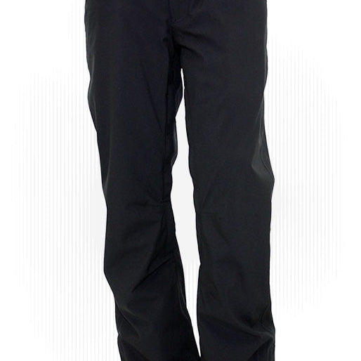 Black shell pants with belt loops, button waist, and zip fly