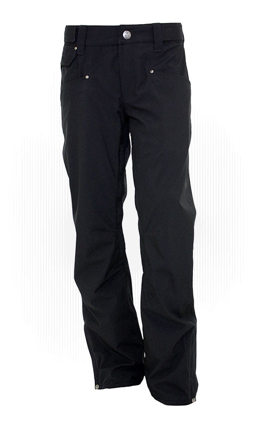 Black shell pants with belt loops, button waist, and zip fly
