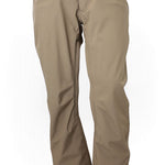 Tan shell pants with belt loops, button waist, and zip fly