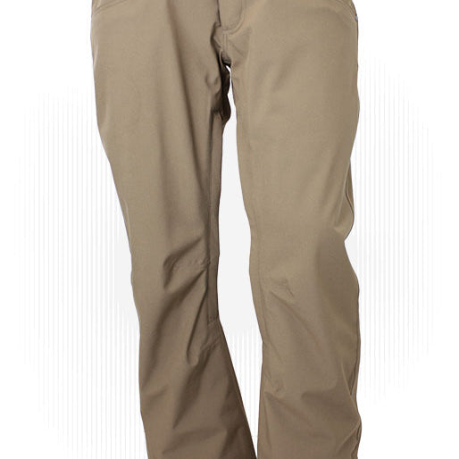 Tan shell pants with belt loops, button waist, and zip fly