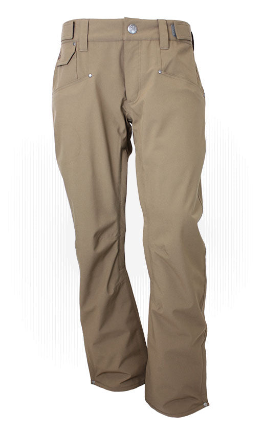 Tan shell pants with belt loops, button waist, and zip fly