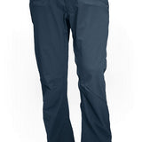 Dark shell pants with belt loops, button waist, and zip fly