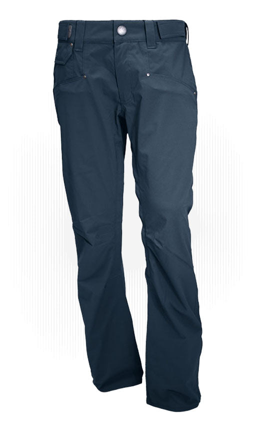 Dark shell pants with belt loops, button waist, and zip fly