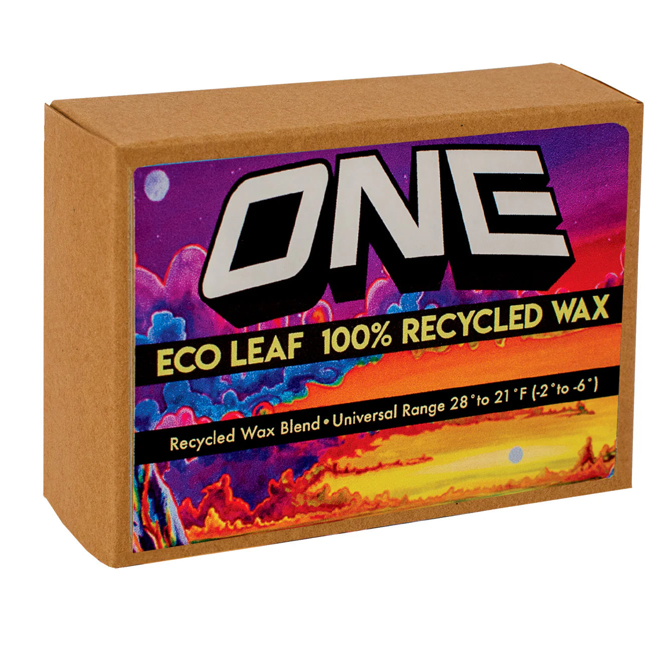 Oneball Eco Recycled All Temp Wax 2025 - A brown cardboard box with a label that says "ONE" in large white letters, and below it, "ECO LEAF 100% RECYCLED WAX". The background of the label is purple with blue clouds.