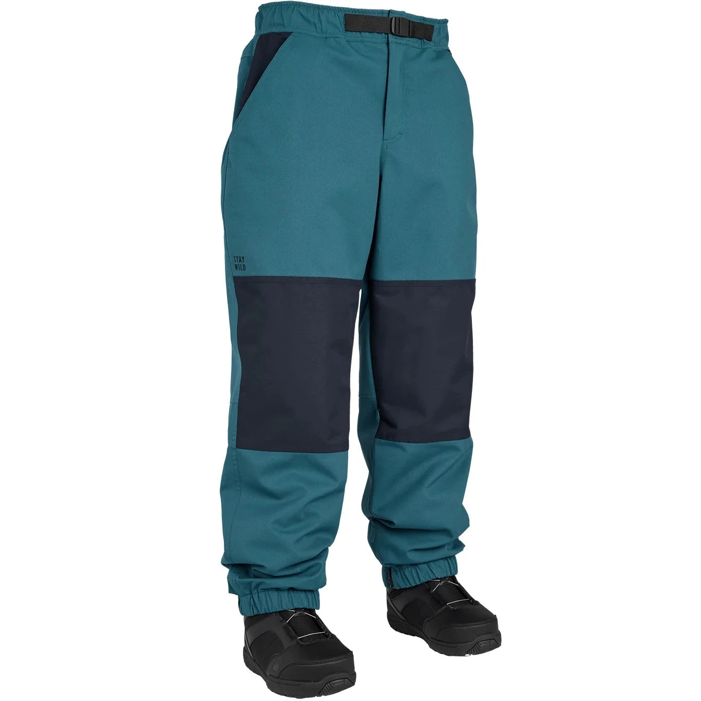 Airblaster Elastic Boss Shell Pant 2025 - A pair of teal snow pants with a black stripe on the left thigh and an elastic waistband.