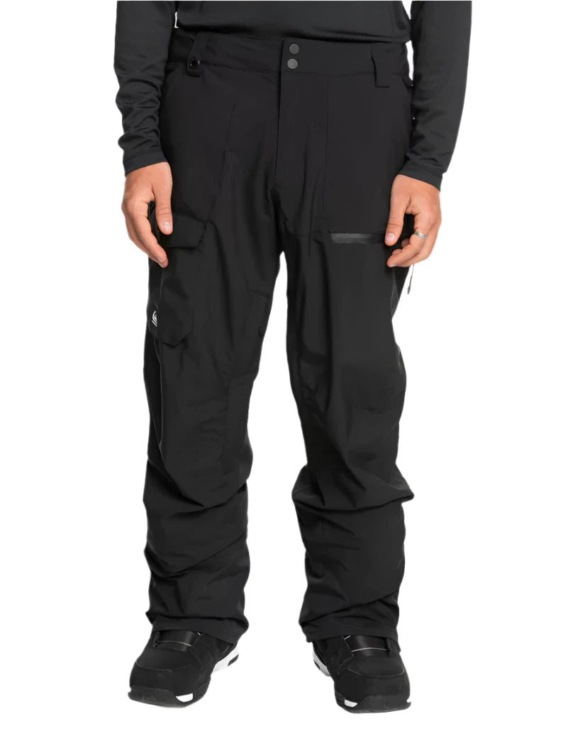 Quiksilver Utility Shell Pant 2025 - Black snow pants with a zippered pocket on the thigh and adjustable Velcro straps at the ankles.