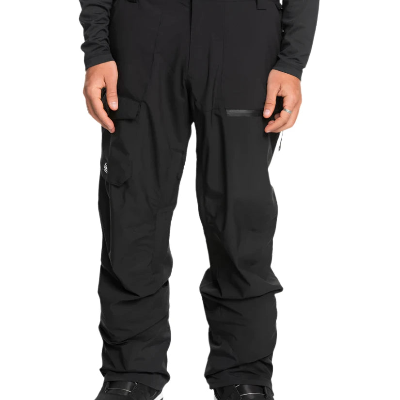 Quiksilver Utility Shell Pant 2025 - Black snow pants with a zippered pocket on the thigh and adjustable Velcro straps at the ankles.