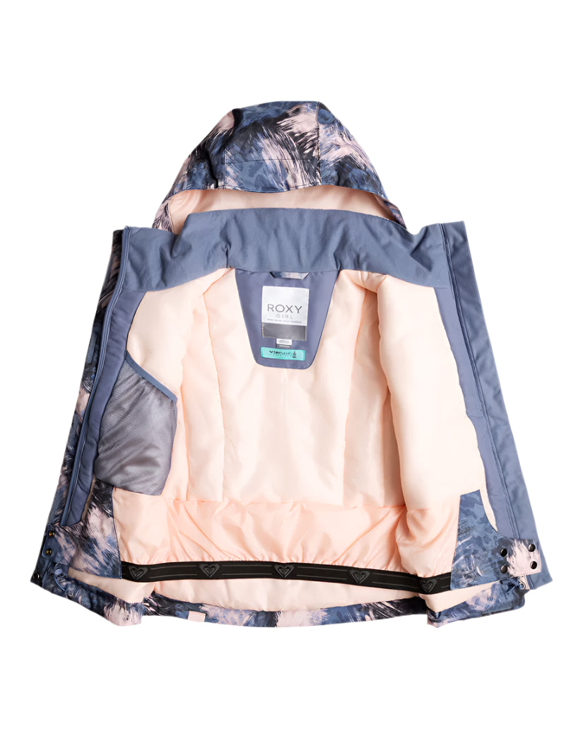 Roxy Girls' Jetty Insulated Jacket 2025 - A blue and white snowboard jacket with a hood, featuring a mountain graphic on the back.
