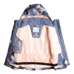 Roxy Girls' Jetty Insulated Jacket 2025 - A blue and white snowboard jacket with a hood, featuring a mountain graphic on the back.