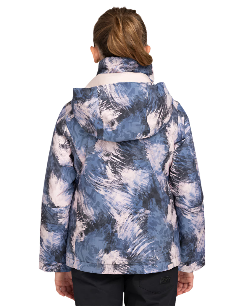 Roxy Girls' Jetty Insulated Jacket 2025 - A blue and white abstract patterned jacket with a hood, worn by a model facing away from the camera.