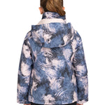Roxy Girls' Jetty Insulated Jacket 2025 - A blue and white abstract patterned jacket with a hood, worn by a model facing away from the camera.
