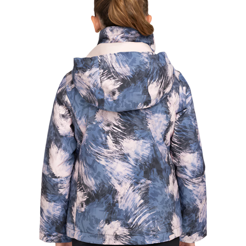 Roxy Girls' Jetty Insulated Jacket 2025 - A blue and white abstract patterned jacket with a hood, worn by a model facing away from the camera.