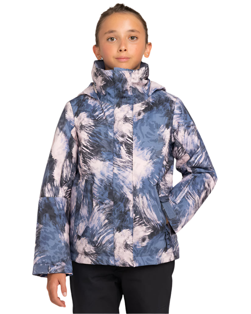 Roxy Girls' Jetty Insulated Jacket 2025 - A blue and white abstract patterned jacket with a high collar, worn by a girl with her hair pulled back.