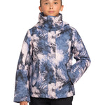 Roxy Girls' Jetty Insulated Jacket 2025 - A blue and white abstract patterned jacket with a high collar, worn by a girl with her hair pulled back.