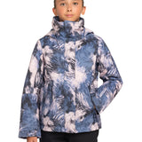 Roxy Girls' Jetty Insulated Jacket 2025 - A blue and white abstract patterned jacket with a high collar, worn by a girl with her hair pulled back.