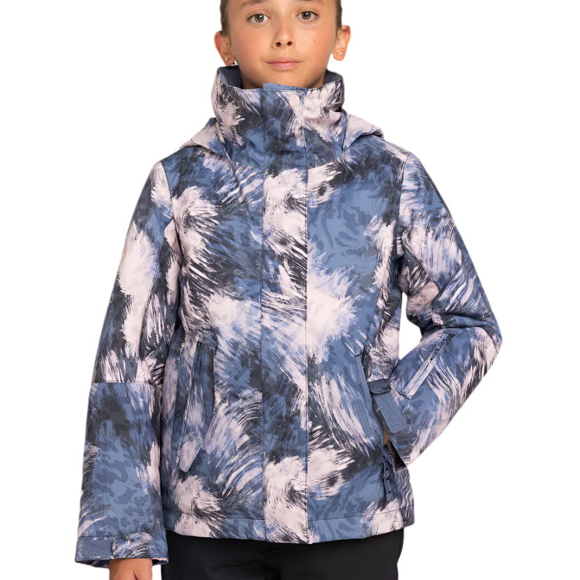Roxy Girls' Jetty Insulated Jacket 2025 - A blue and white abstract patterned jacket with a high collar, worn by a girl with her hair pulled back.
