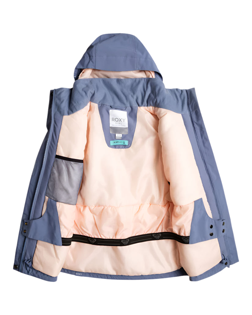 Roxy Junior Girls' Dawnrae Parka 2025 - A blue and white parka with a hood, featuring a zipper closure on the front.