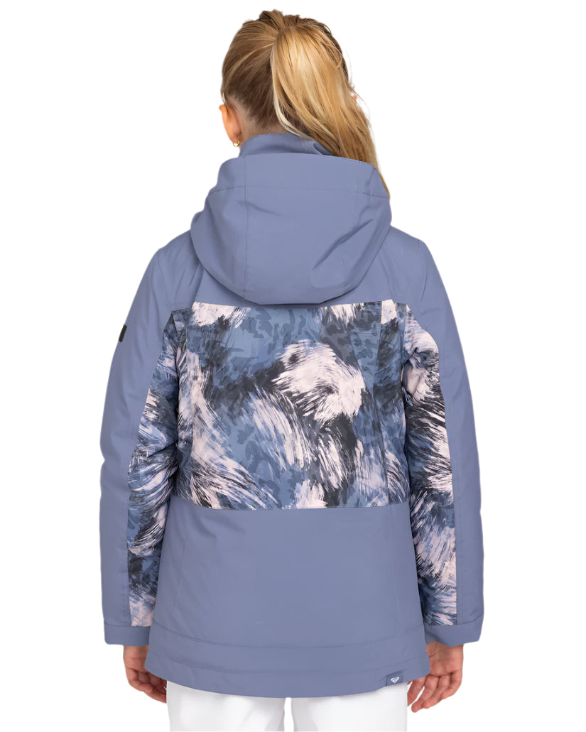 Roxy Junior Girls' Dawnrae Parka 2025 - A blue and white parka with a hood, featuring a snowflake pattern on the back.