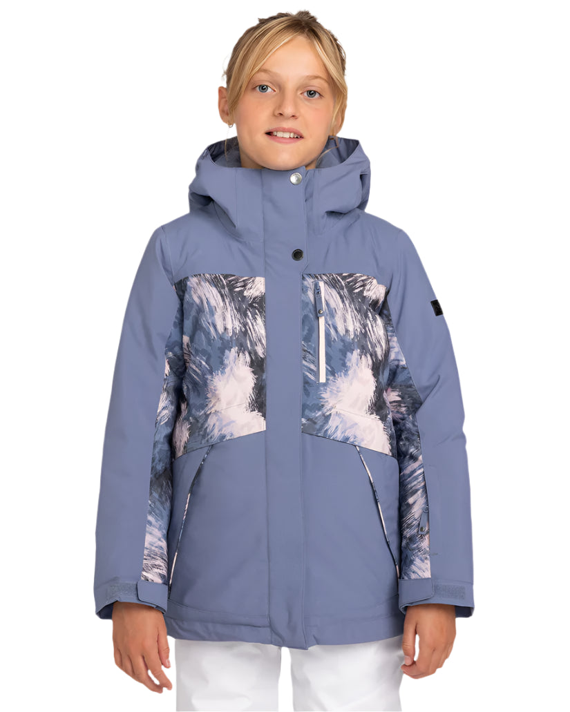 Roxy Junior Girls' Dawnrae Parka 2025 - A blue and white parka with a hood, featuring a snowflake pattern on the front.