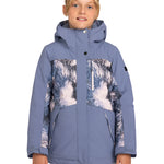 Roxy Junior Girls' Dawnrae Parka 2025 - A blue and white parka with a hood, featuring a snowflake pattern on the front.