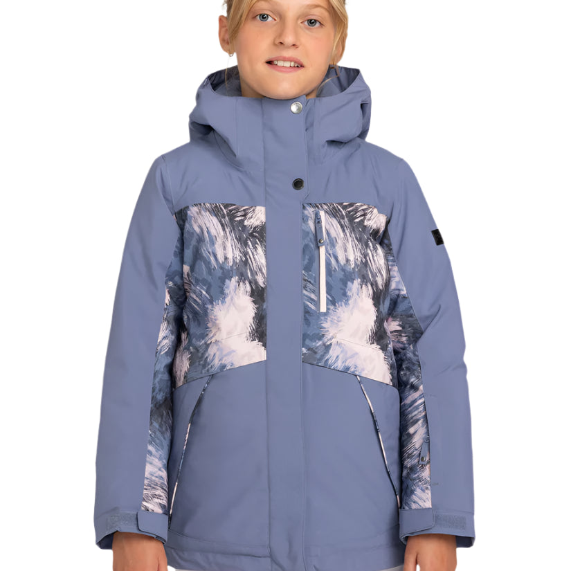 Roxy Junior Girls' Dawnrae Parka 2025 - A blue and white parka with a hood, featuring a snowflake pattern on the front.