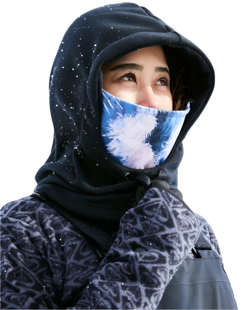 Roxy Women's Laikal Balaclava - A blue and white tie-dye patterned balaclava with a black trim.