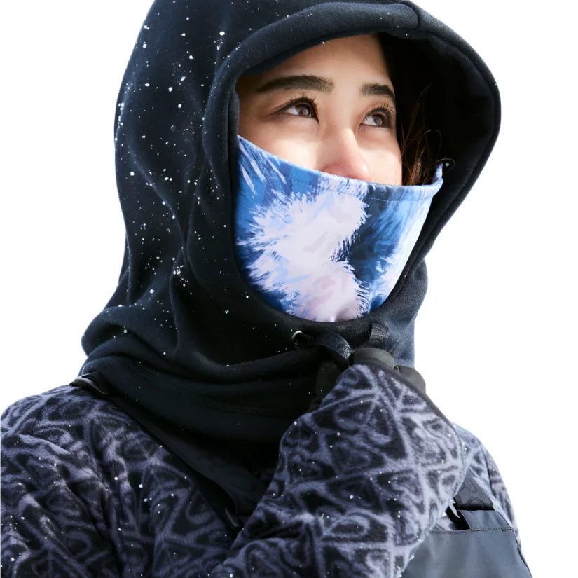 Roxy Women's Laikal Balaclava - A blue and white tie-dye patterned balaclava with a black trim.