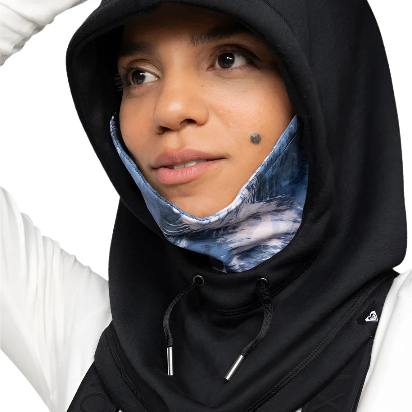 Roxy Women's Laikal Balaclava - A blue and white abstract patterned balaclava with a black trim.