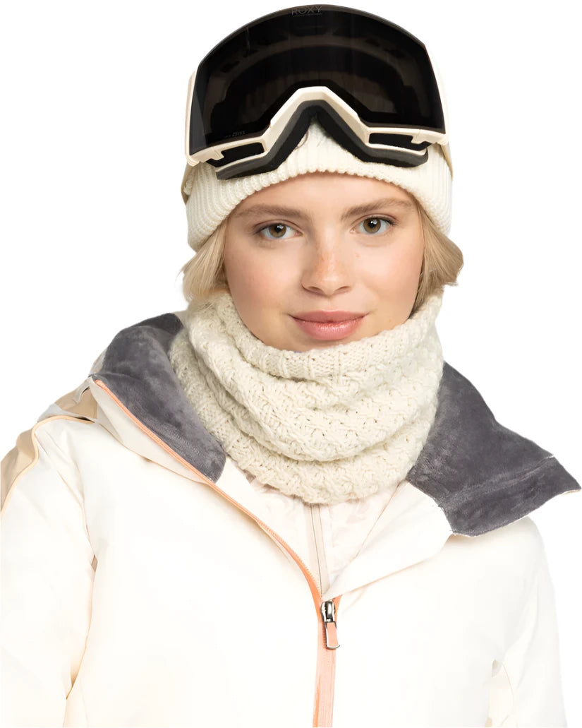 Roxy Women's Blizzard Collar - A white knit beanie with a ribbed cuff and a small embroidered logo on the front.