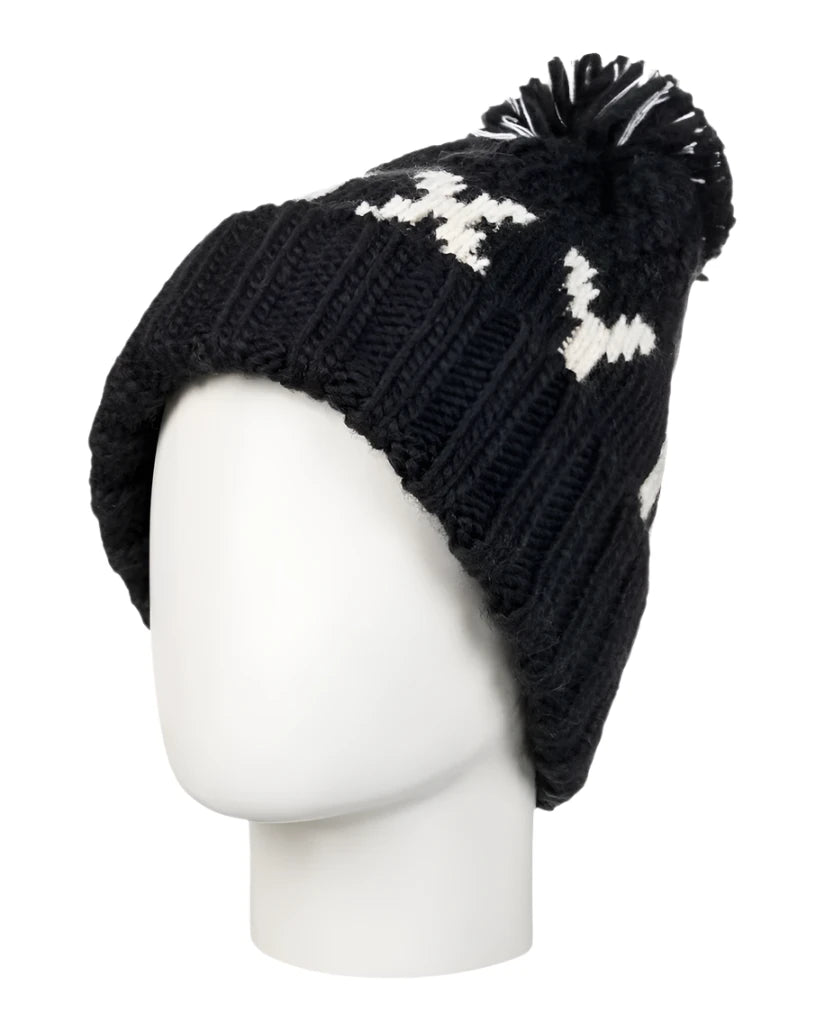 Roxy Women's Tonic Beanie 2025 - Black beanie with white snowflake pattern on top and a black pom-pom at the tip.