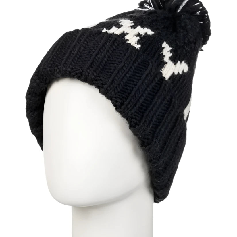 Roxy Women's Tonic Beanie 2025 - Black beanie with white snowflake pattern on top and a black pom-pom at the tip.